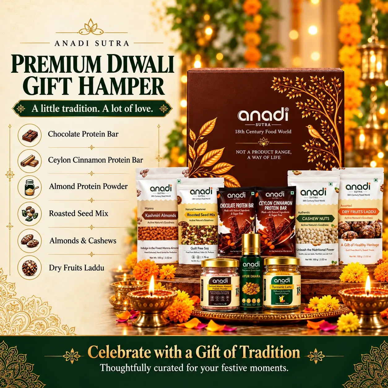Premium Diwali gift hamper display with brown gift box and snack packets arranged