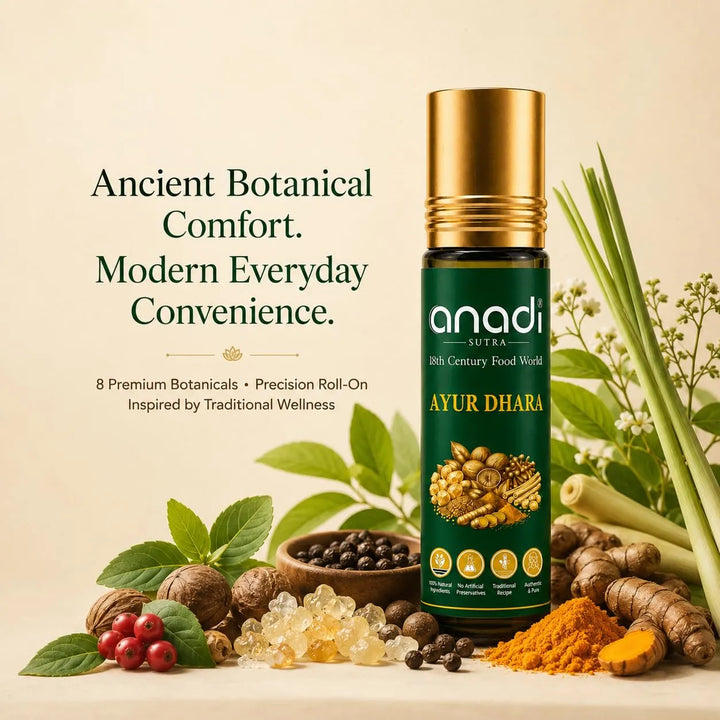 Ayur Dhara roll-on applicator oil bottle with gold cap and green label