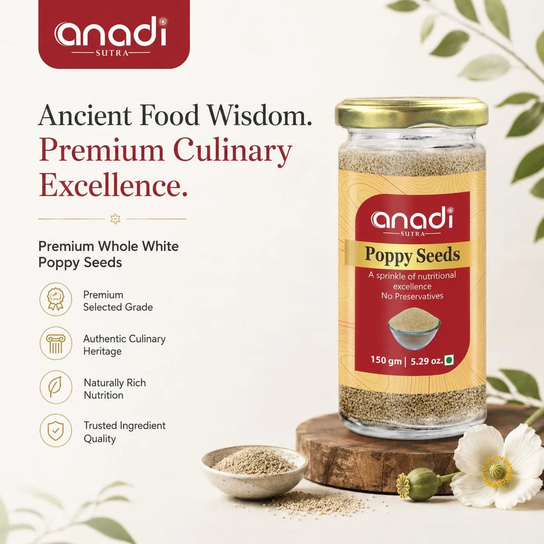 anadi Poppy Seeds jar with gold lid and small bowl of whole seeds
