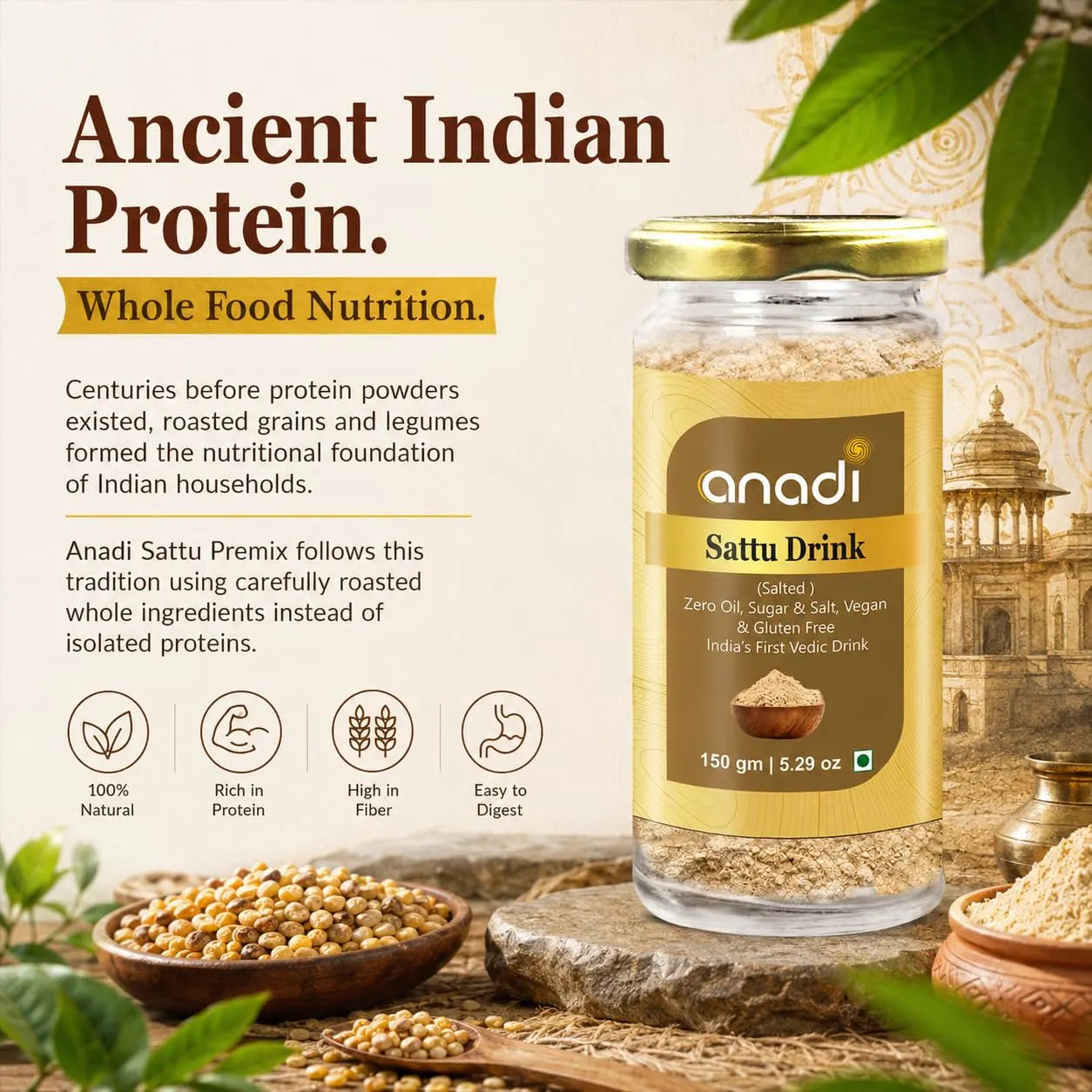 Anadi Sattu Drink premix glass jar with gold cap; 150 g powder shown.