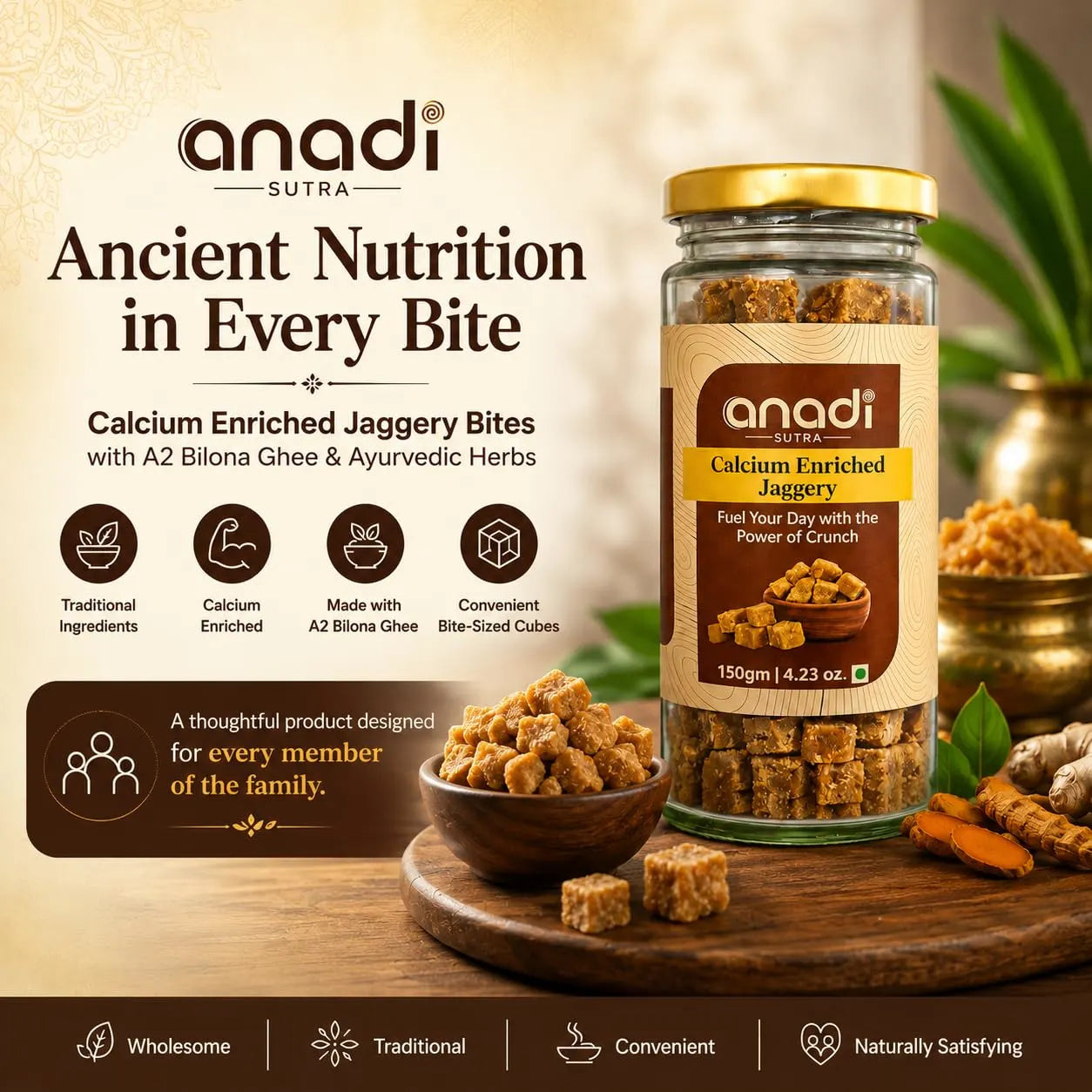 Calcium-enriched jaggery jar with gold lid, with bowl of bite-sized brown cubes