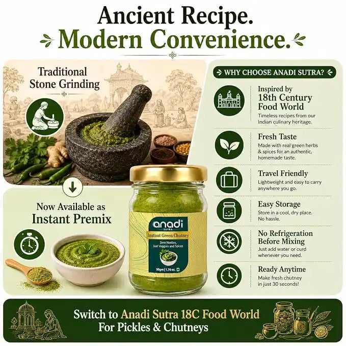 Jar of instant green chutney beside a stone mortar and pestle for grinding