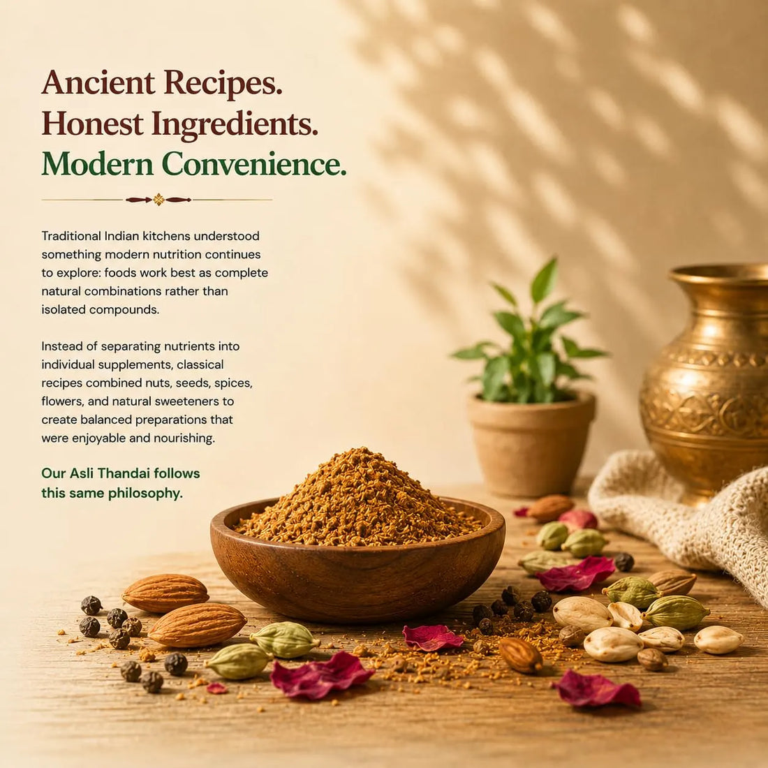 Wooden bowl of brown thandai powder with assorted whole nuts and spices