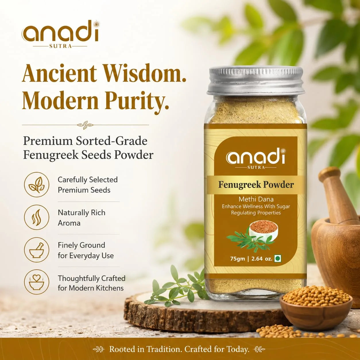 Fenugreek seeds powder jar with golden-brown ground powder beside fenugreek seeds