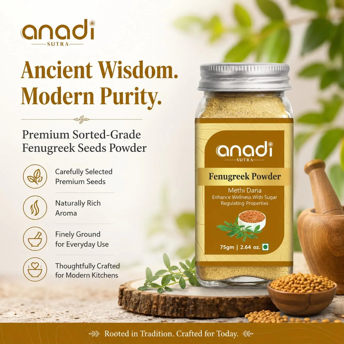 Fenugreek seeds powder jar with golden-brown ground powder beside fenugreek seeds