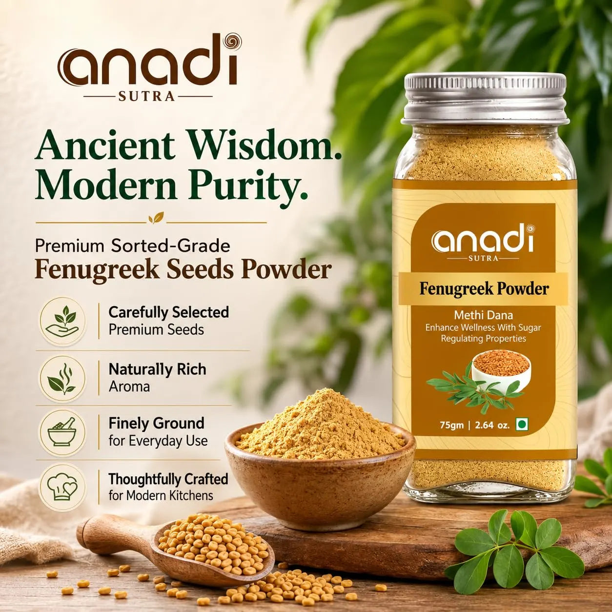 Fenugreek seeds powder bottle with wooden bowl of golden powder and fenugreek seeds