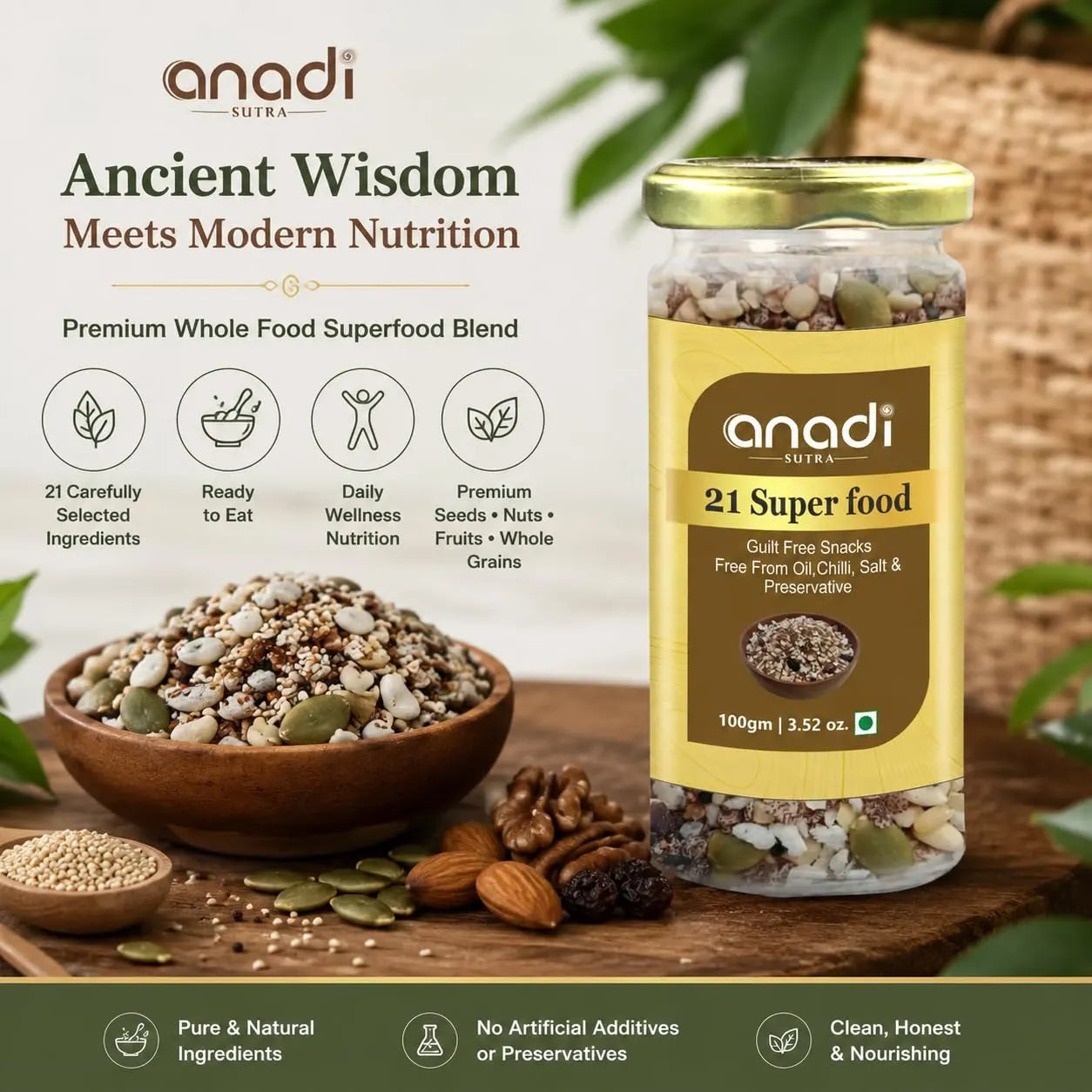 Anadi Sutra 21 Super food jar with gold lid and seed blend in a bowl