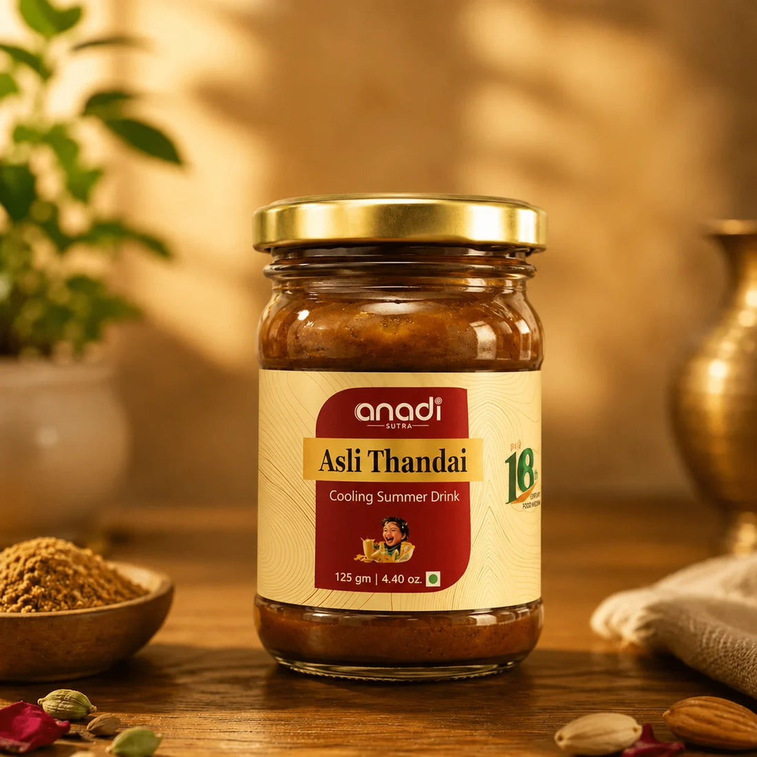 Asli Thandai cooling summer drink jar, 125 g, amber spice mix, gold lid