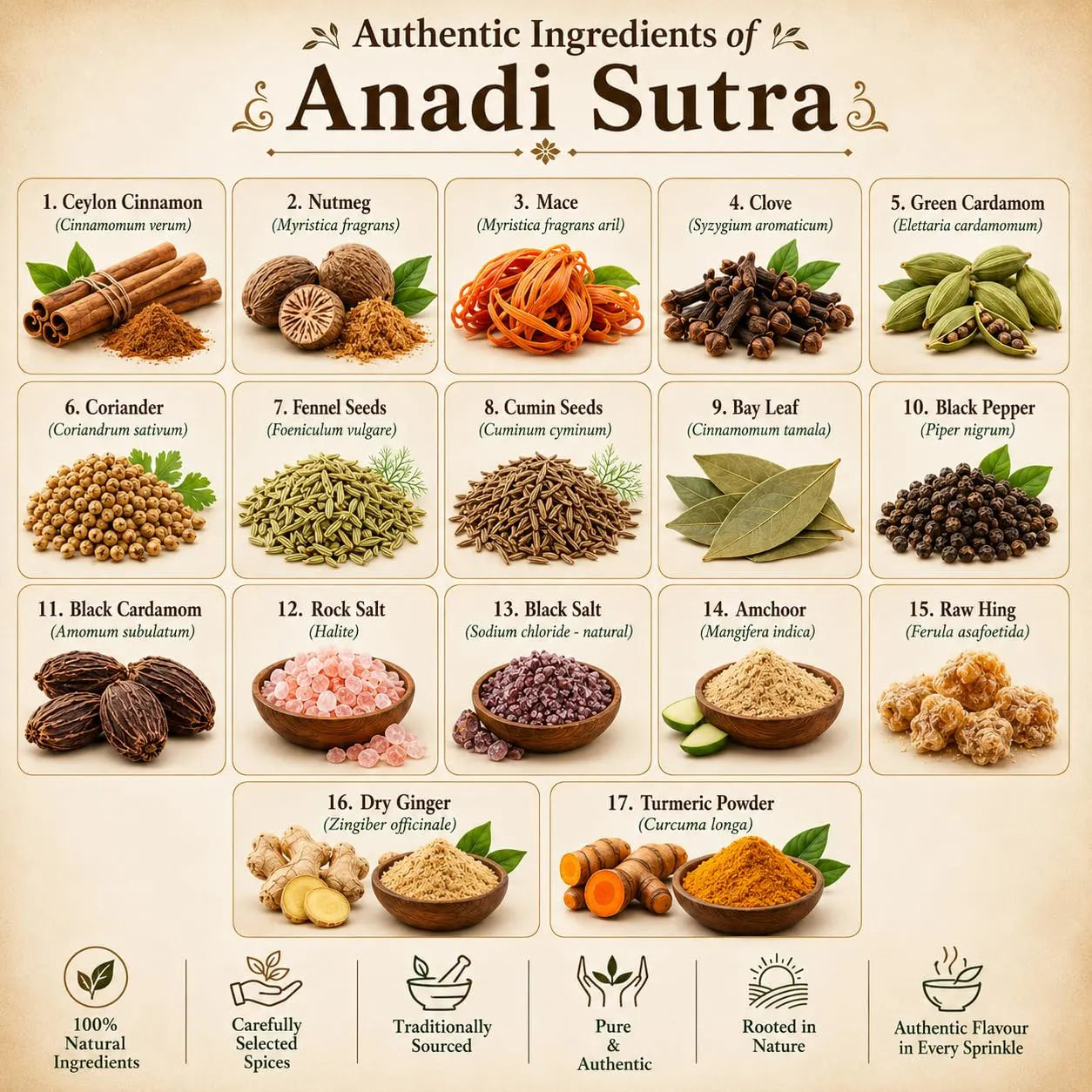 Jeeravan hing spice blend ingredients chart with listed spices in small boxes