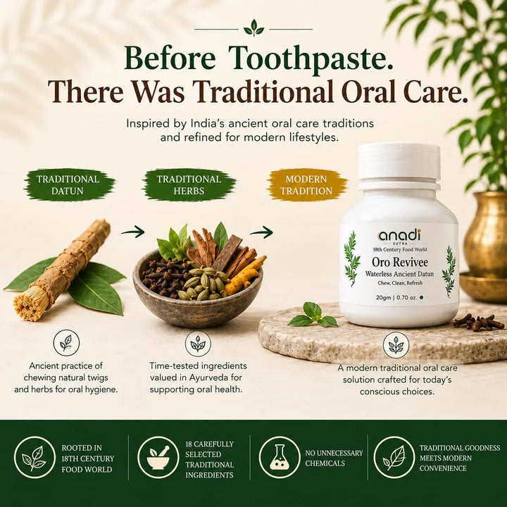 Oro Revivee 20 g jar with traditional oral care icons, white bottle with green label