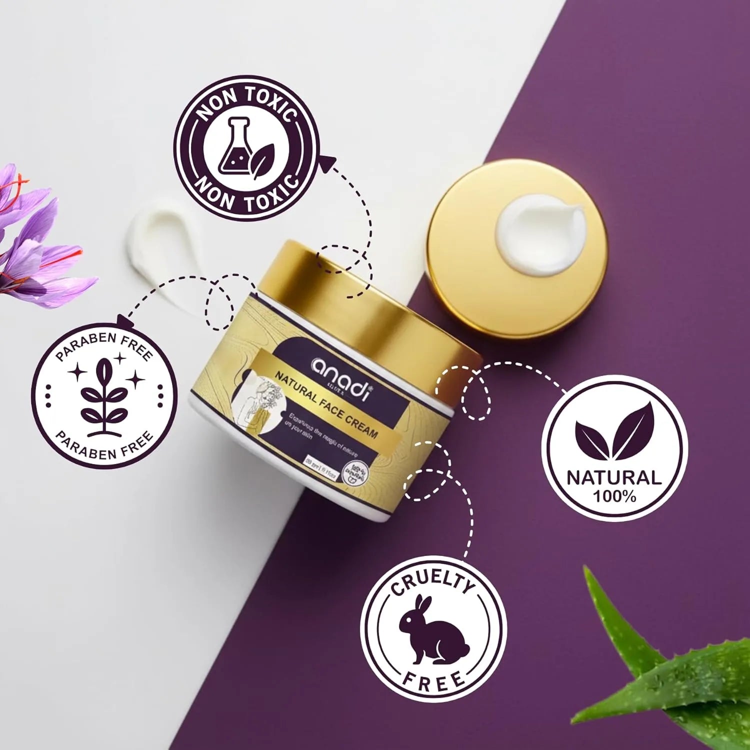 Natural face cream jar with gold lid and small matching jar.