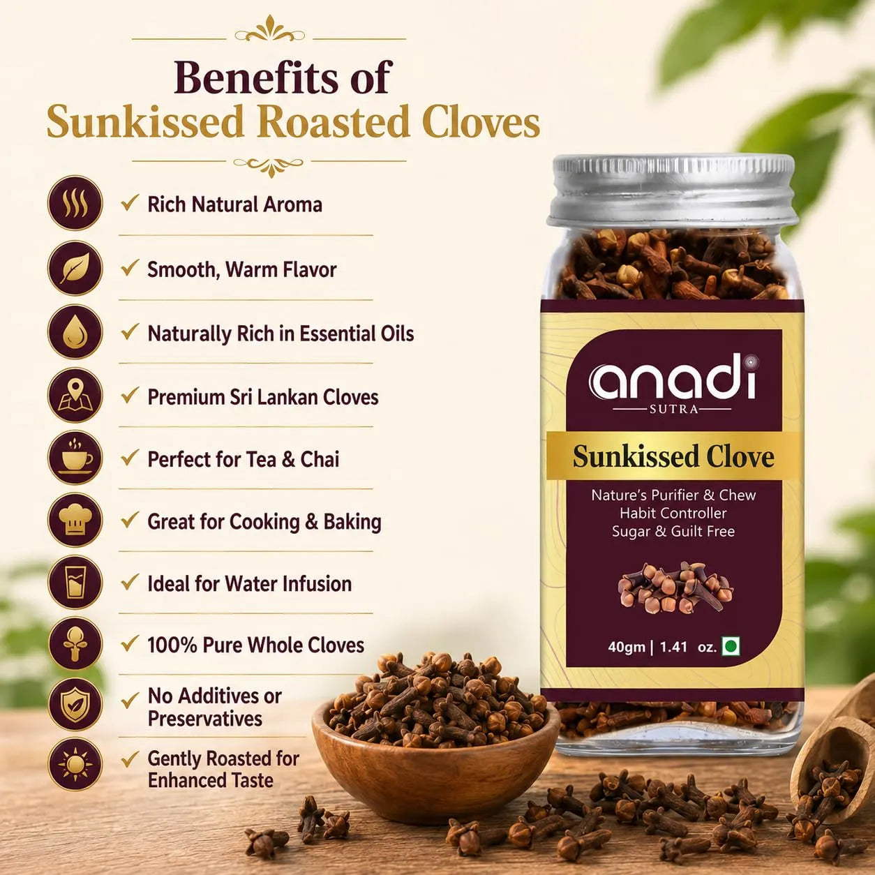 Sunkissed clove jar with label, screw-top lid, and roasted cloves beside the bottle