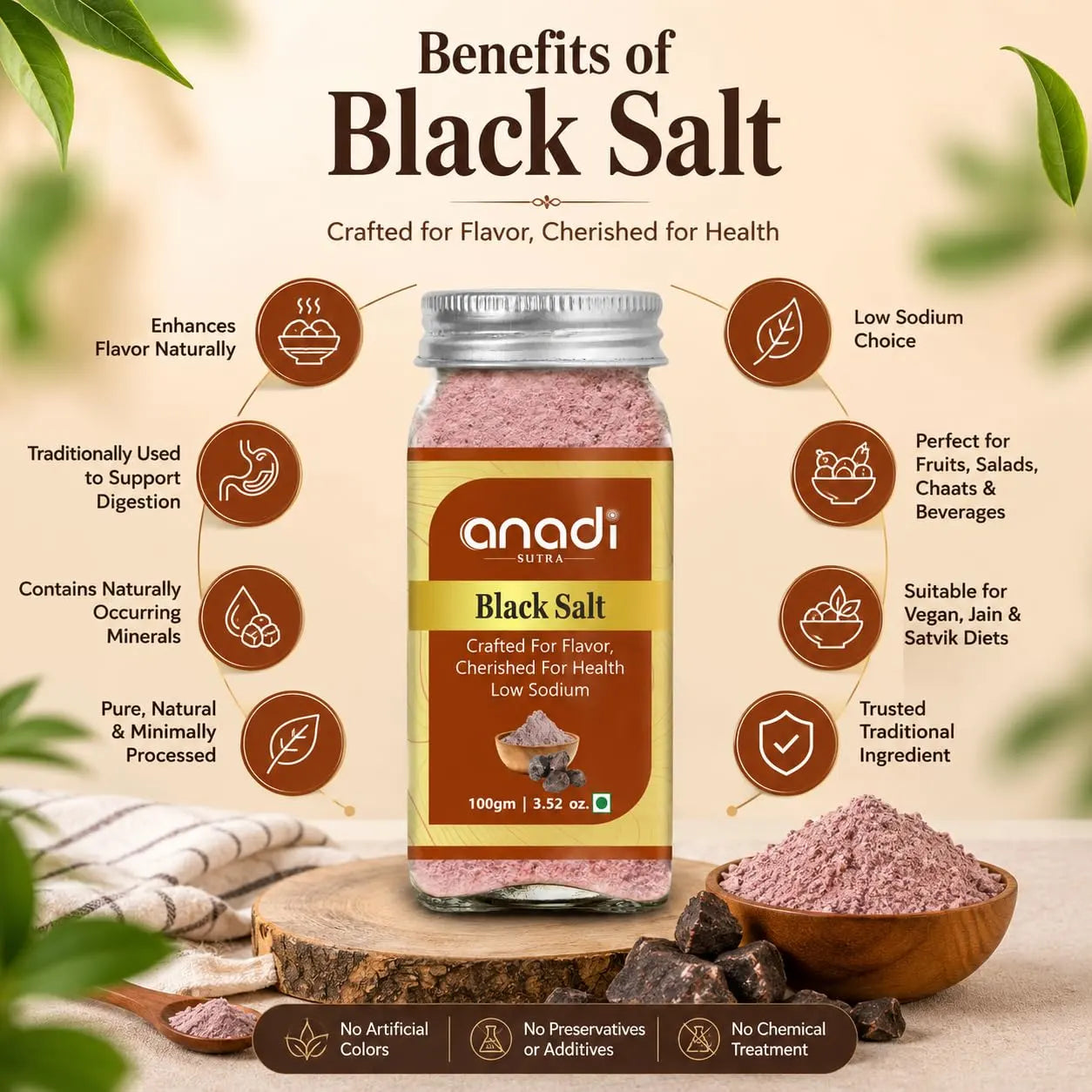 anadi SUTRA black salt jar, 100 g glass container with pinkish coarse granules