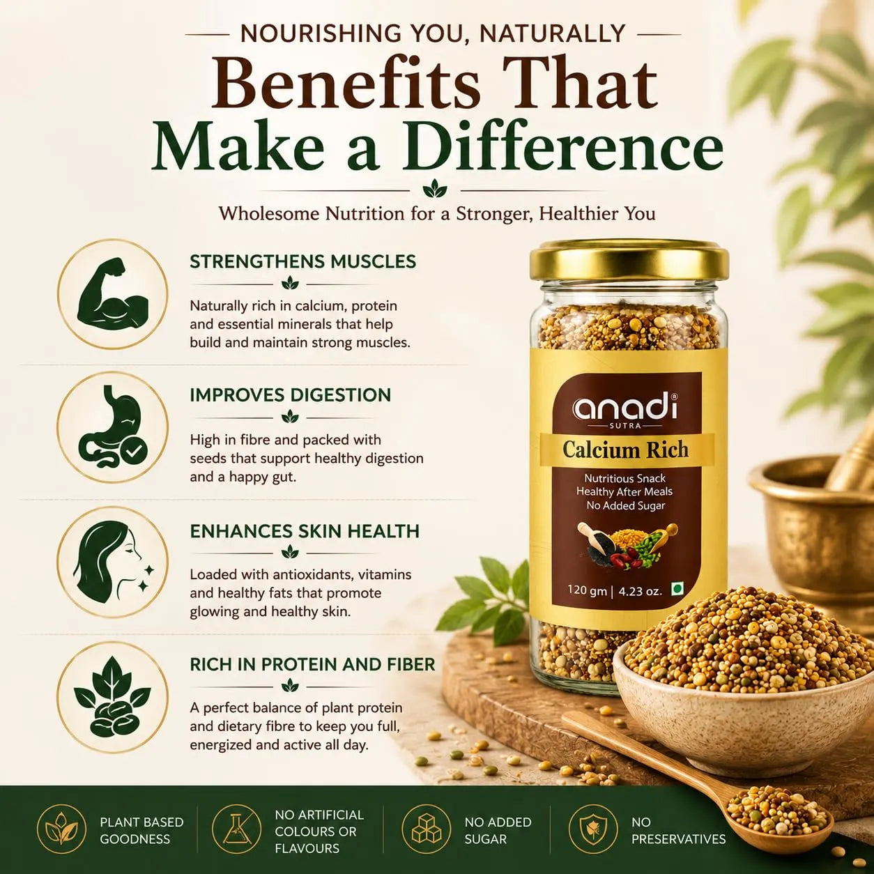 Anadi Sura Calcium Rich nutrition snack jar with gold lid and quinoa-like grains