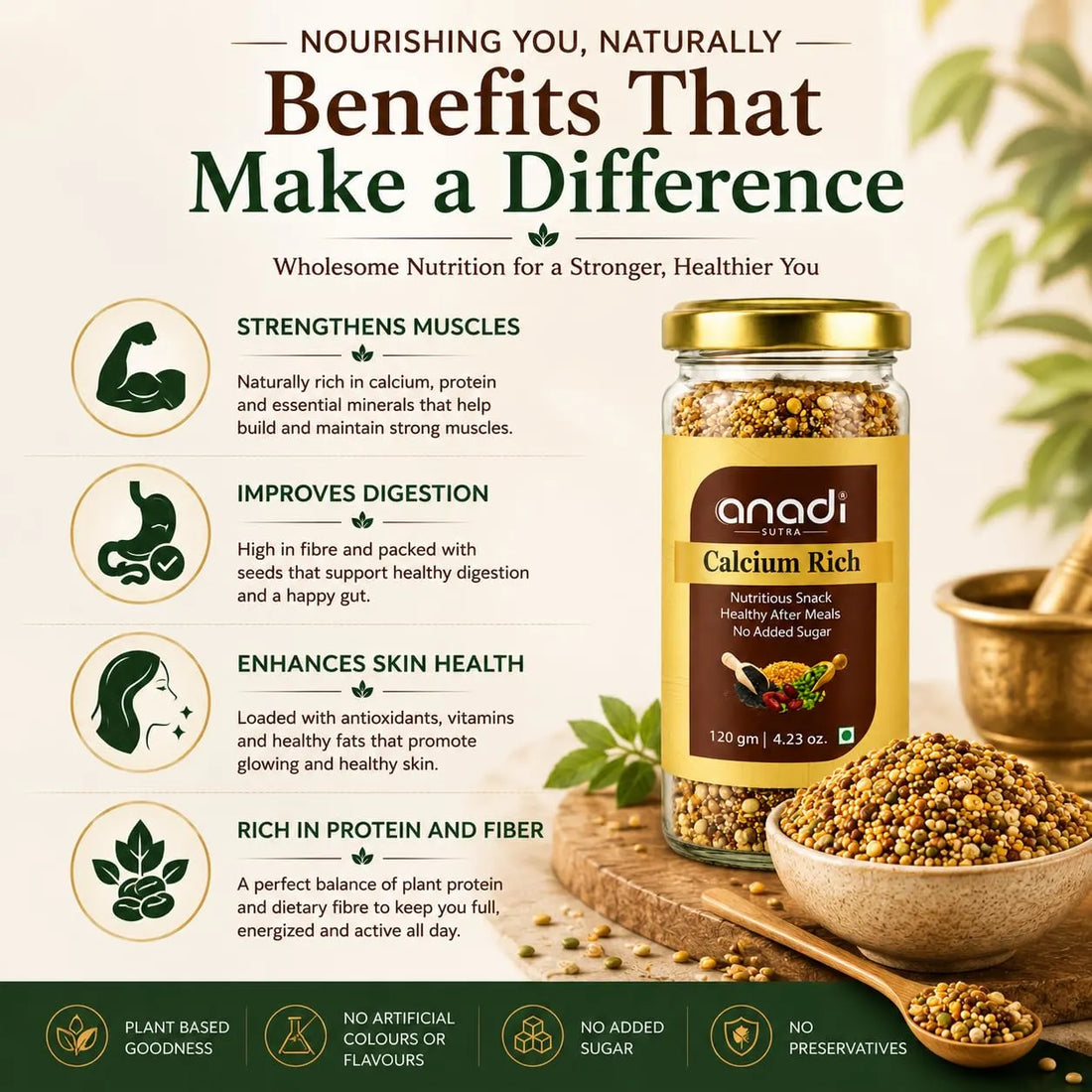 Anadi Sura Calcium Rich nutrition snack jar with gold lid and quinoa-like grains