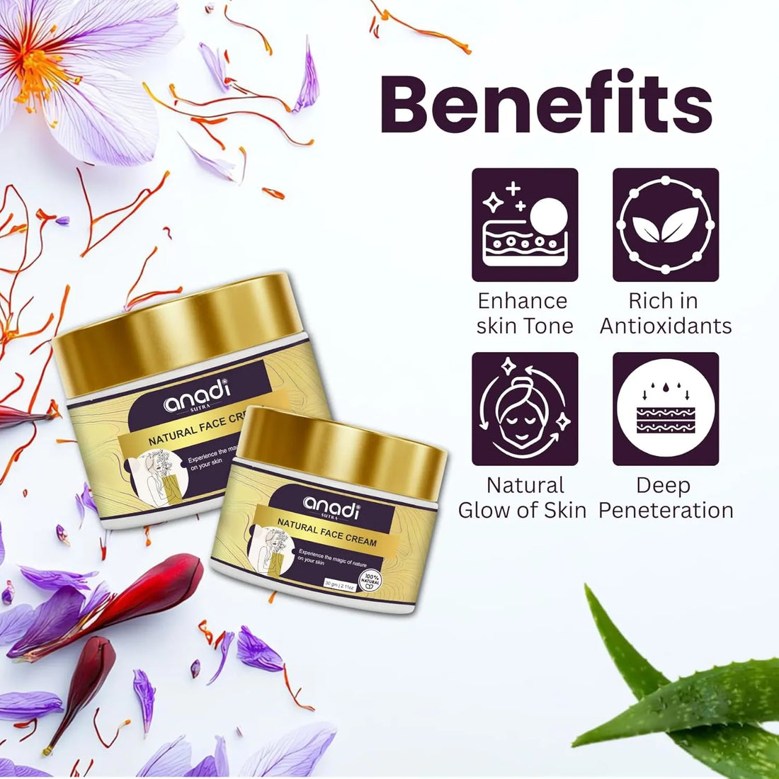 Natural face cream jar set with gold lids and purple labels.