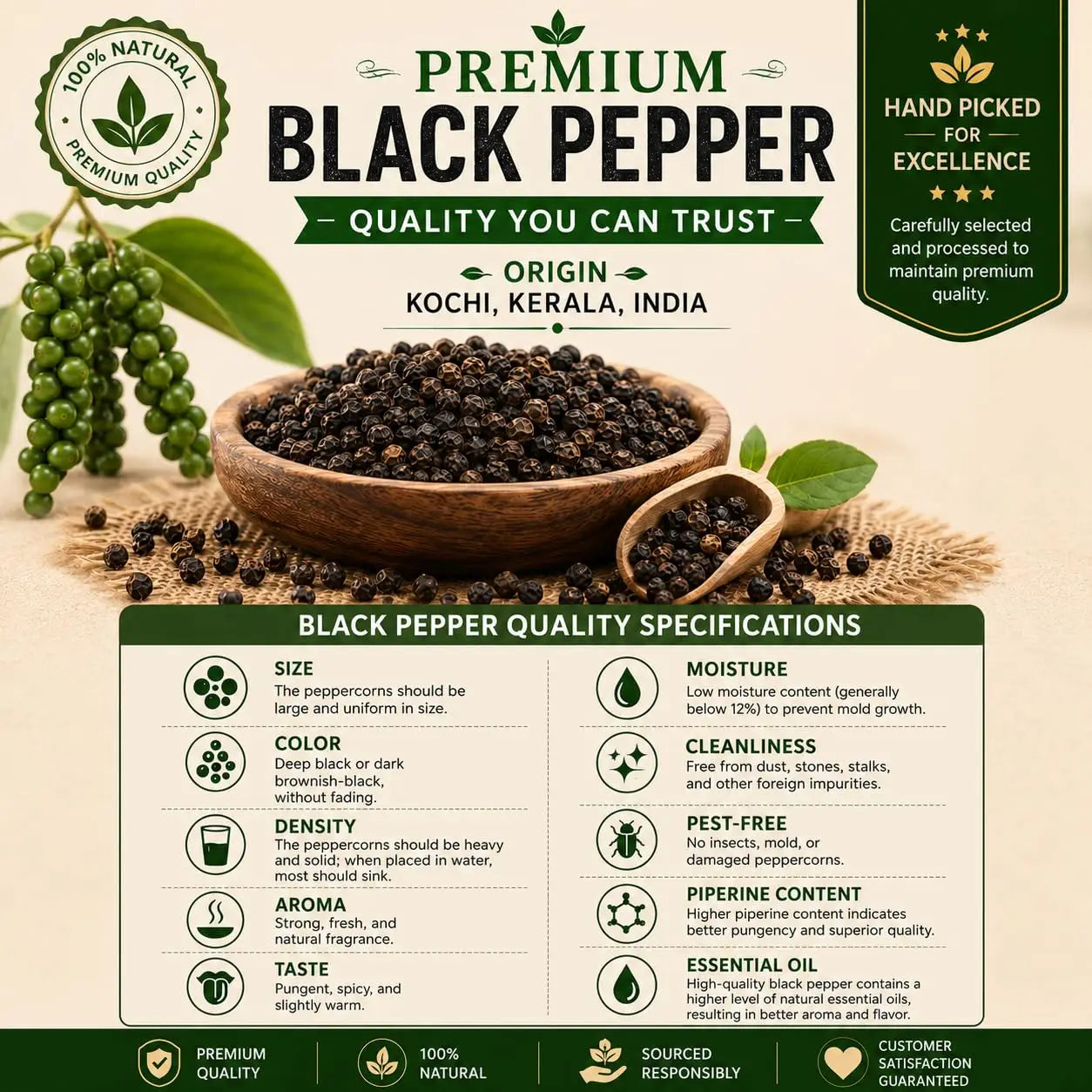 Black pepper in a wooden bowl with peppercorns scattered around