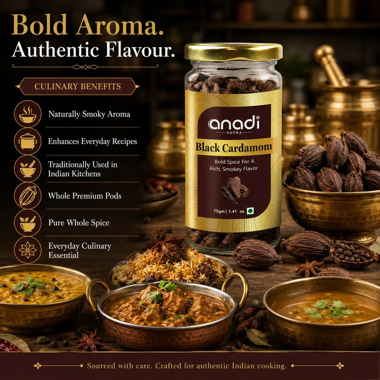Gold-lidded jar of black cardamom pods, 75 g, anadi SUTRA label