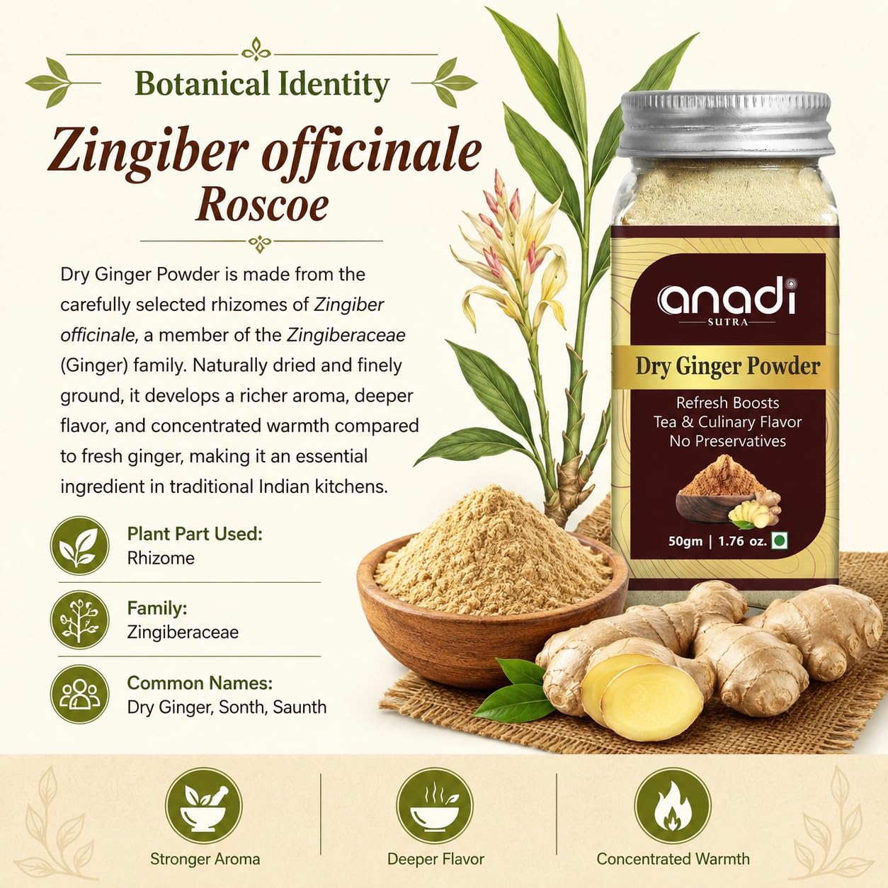 Dry ginger powder jar beside ground ginger in a wooden spoon and bowl