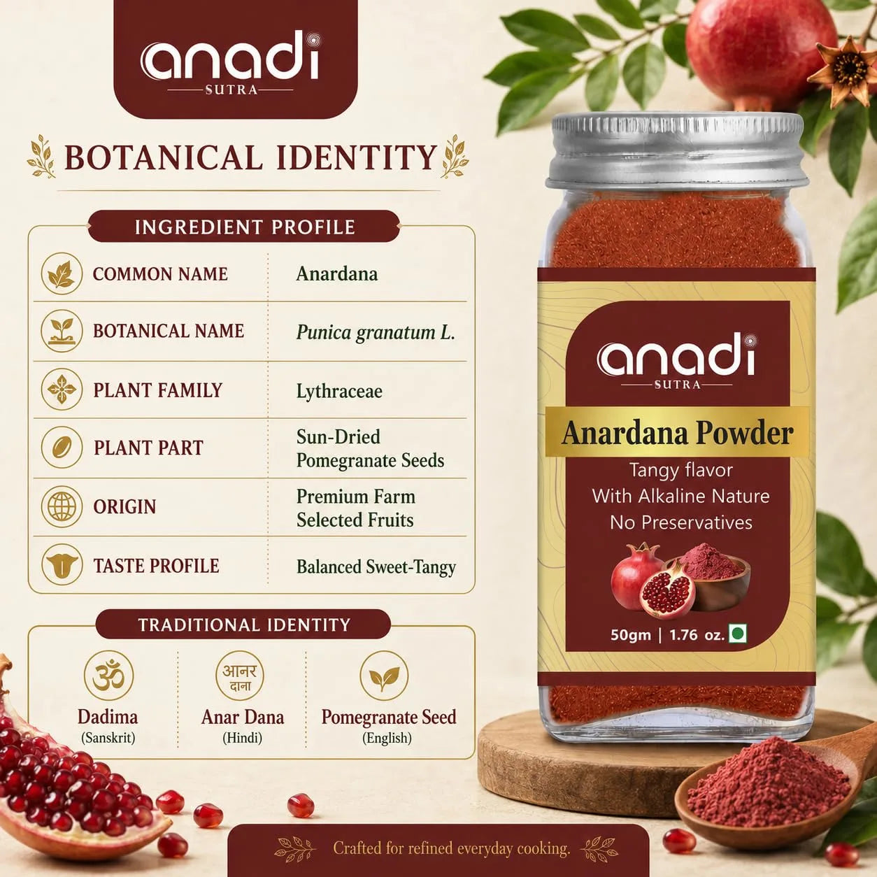 Pomegranate seed powder jar with maroon label and red powder, with pomegranate halves