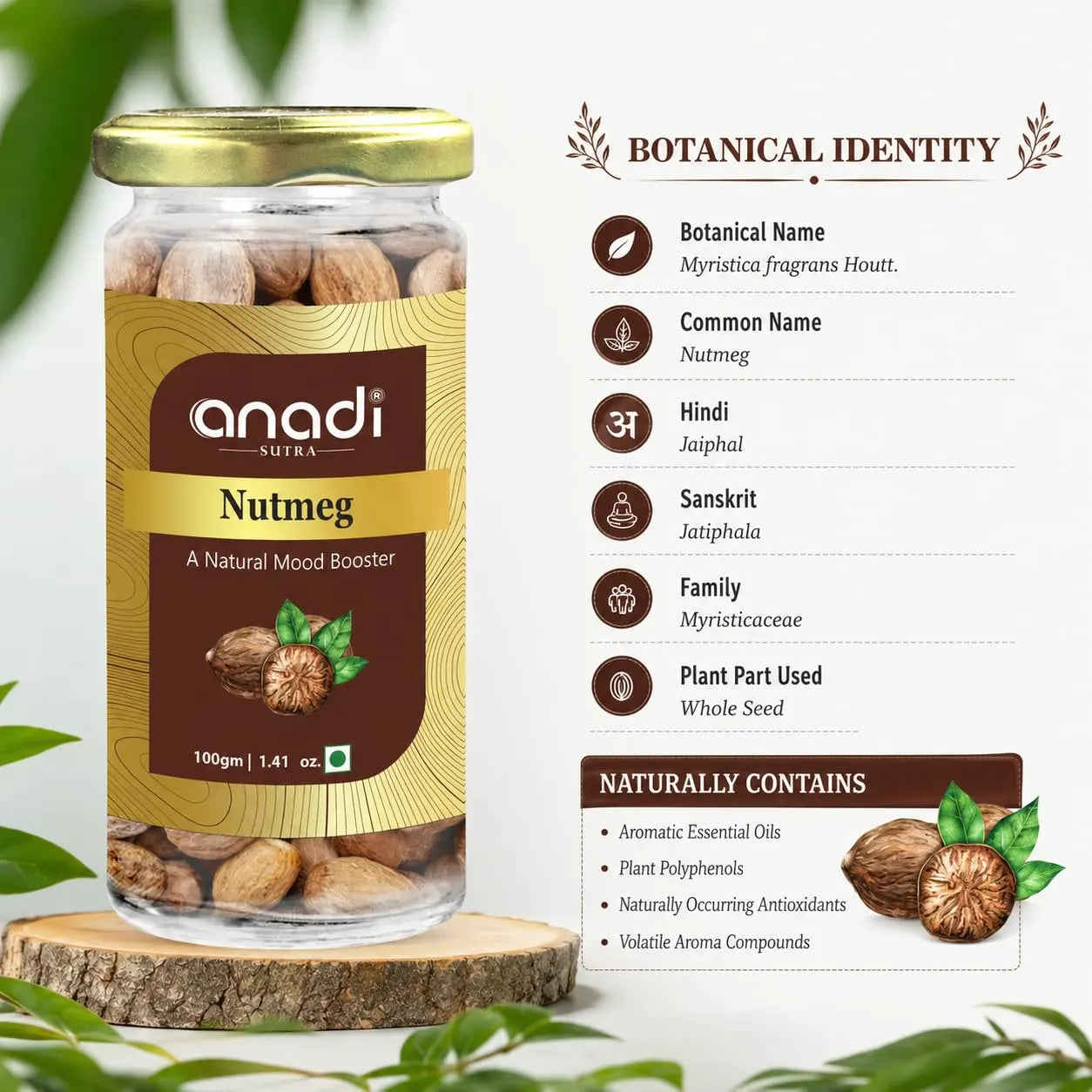 Nutmeg jar with gold lid and Anadi Sutra label, whole nutmeg pieces inside