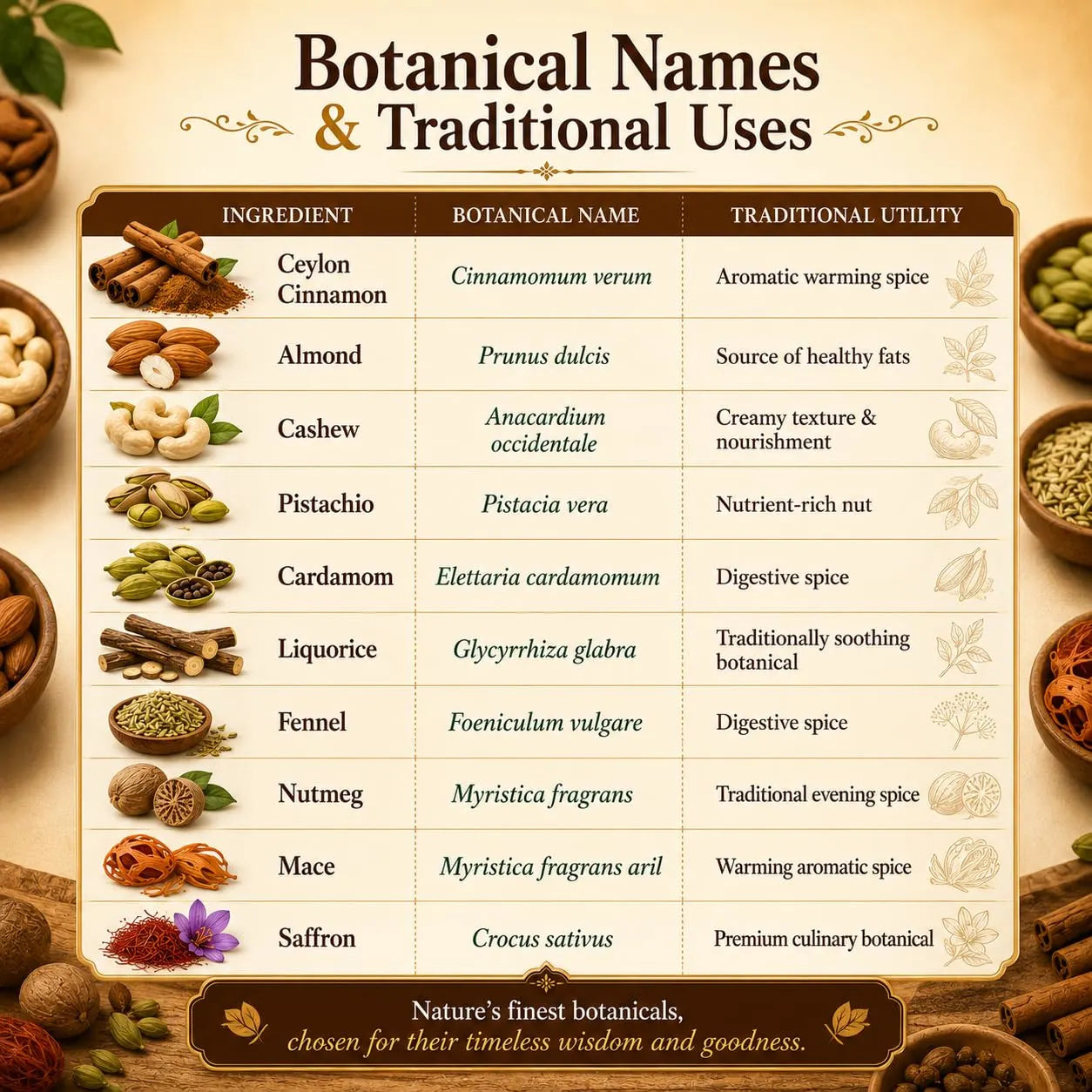 Botanical ingredients chart featuring cinnamon sticks, nuts, and spice pods for Ceylon cinnamon latte