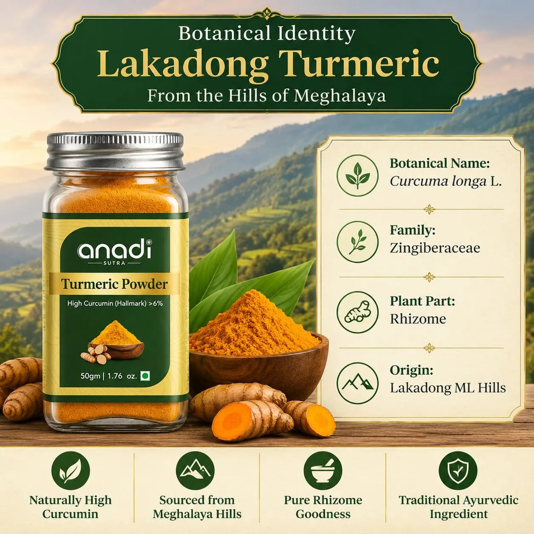 Turmeric powder bottle (50g) with golden turmeric powder and green label panel