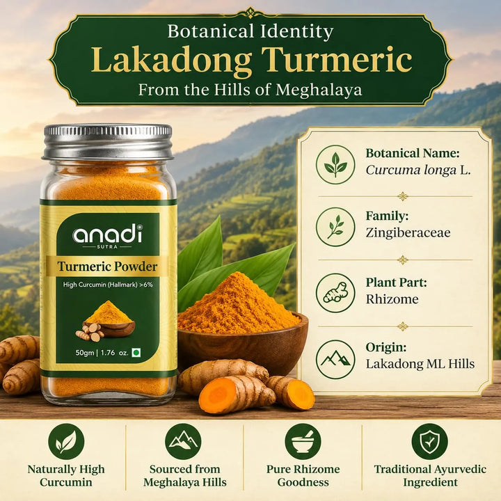 Turmeric powder bottle (50g) with golden turmeric powder and green label panel