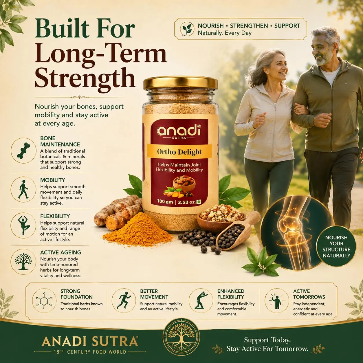 Ortho Delight supplement jar, gold lid, with spice and herbs around it.