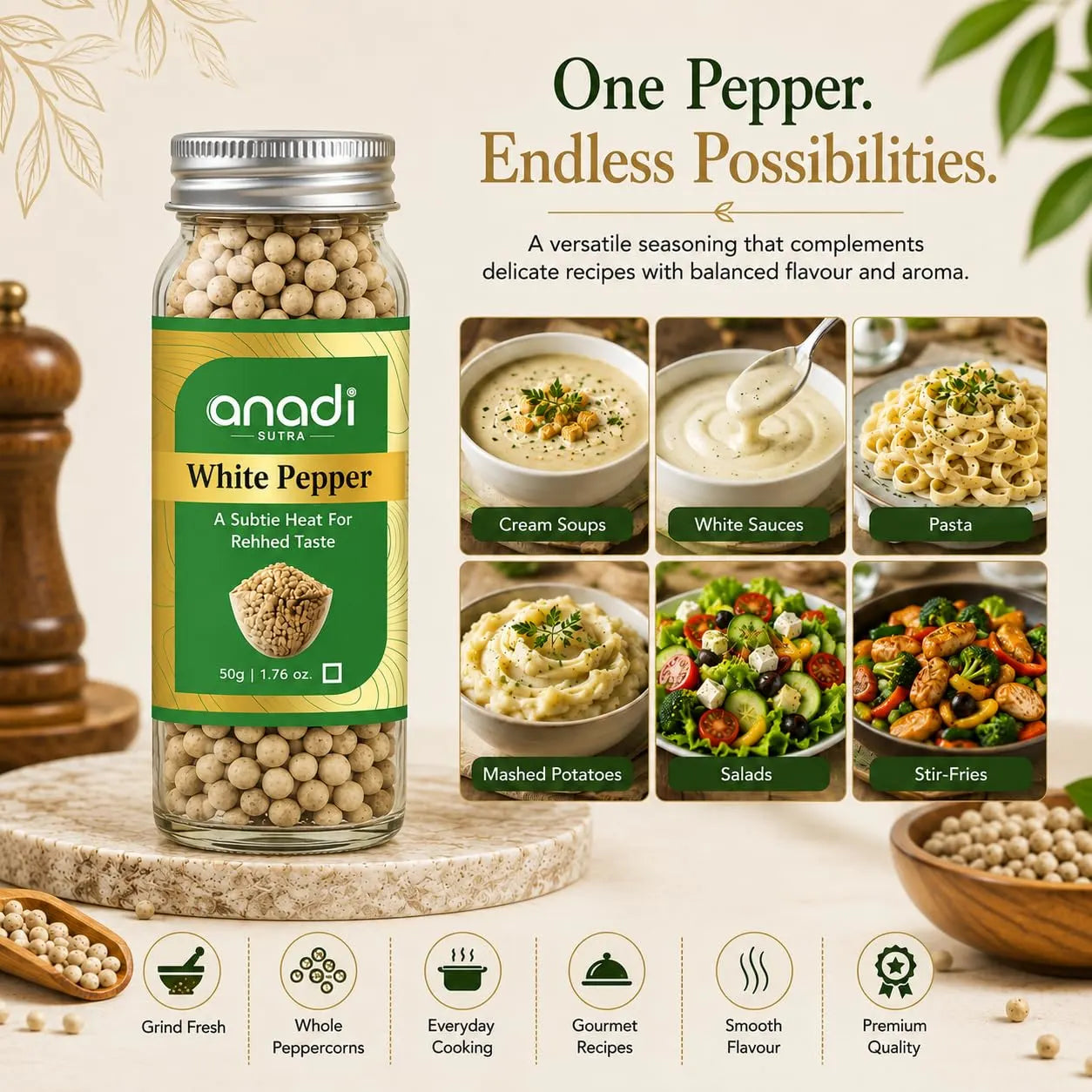 White pepper jar with silver cap on round stone base, filled with pale peppercorns
