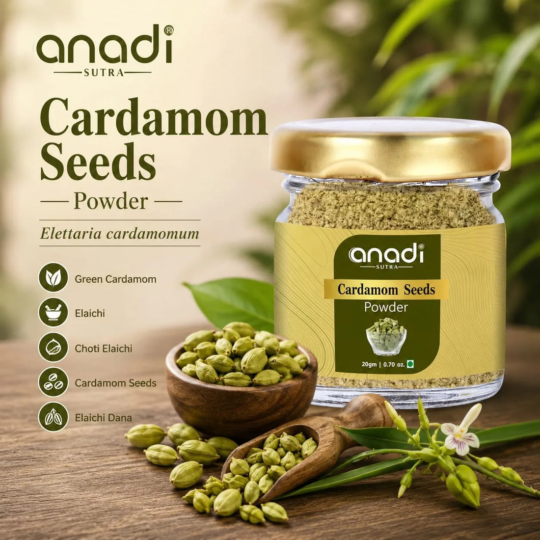 Cardamom seeds powder jar with gold lid and scattered green cardamom pods around