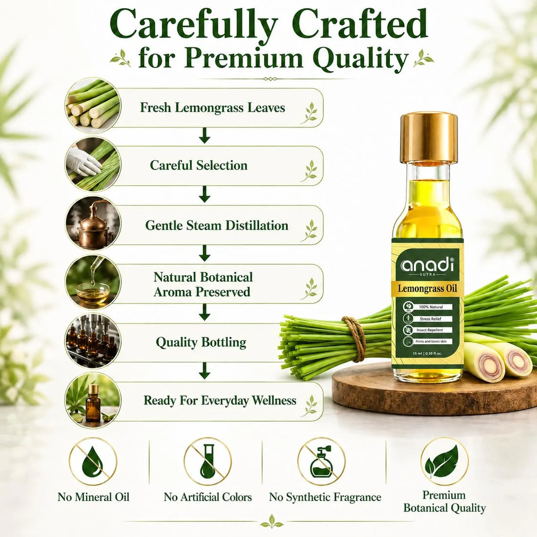 15 ml lemongrass oil bottle with gold cap and green label, surrounded by fresh grass stalks