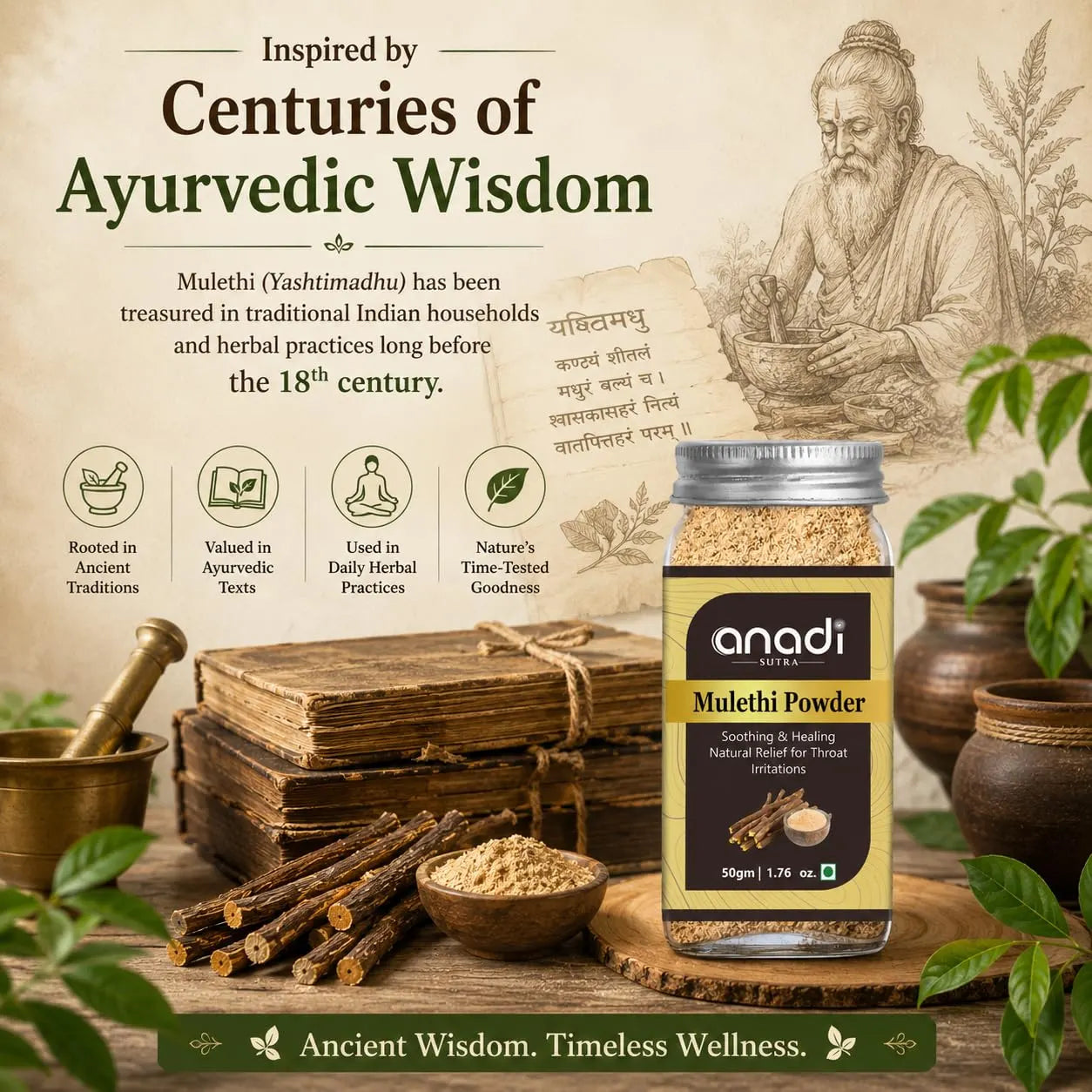 Mulethi powder jar with visible herbal root pieces and beige powder, 50 g