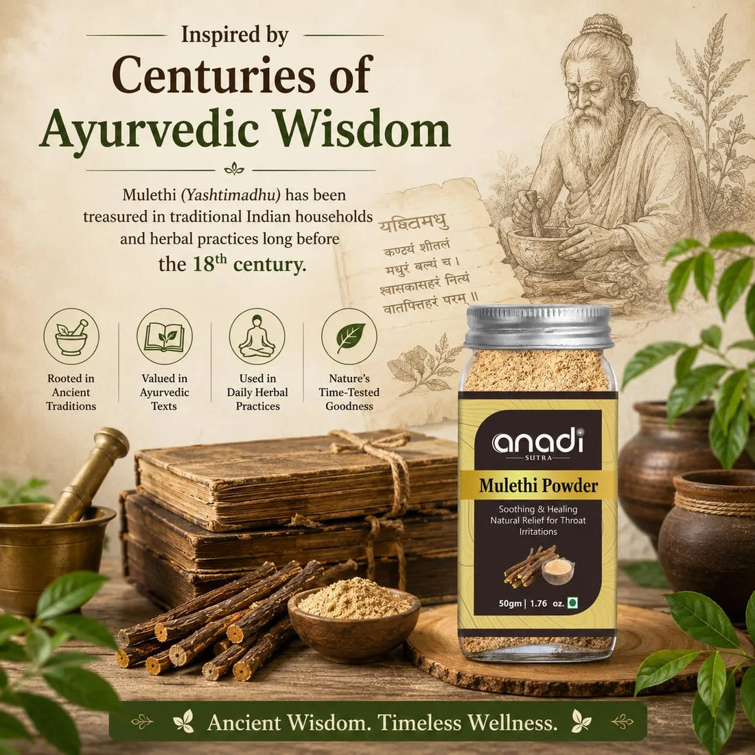 Mulethi powder jar with visible herbal root pieces and beige powder, 50 g