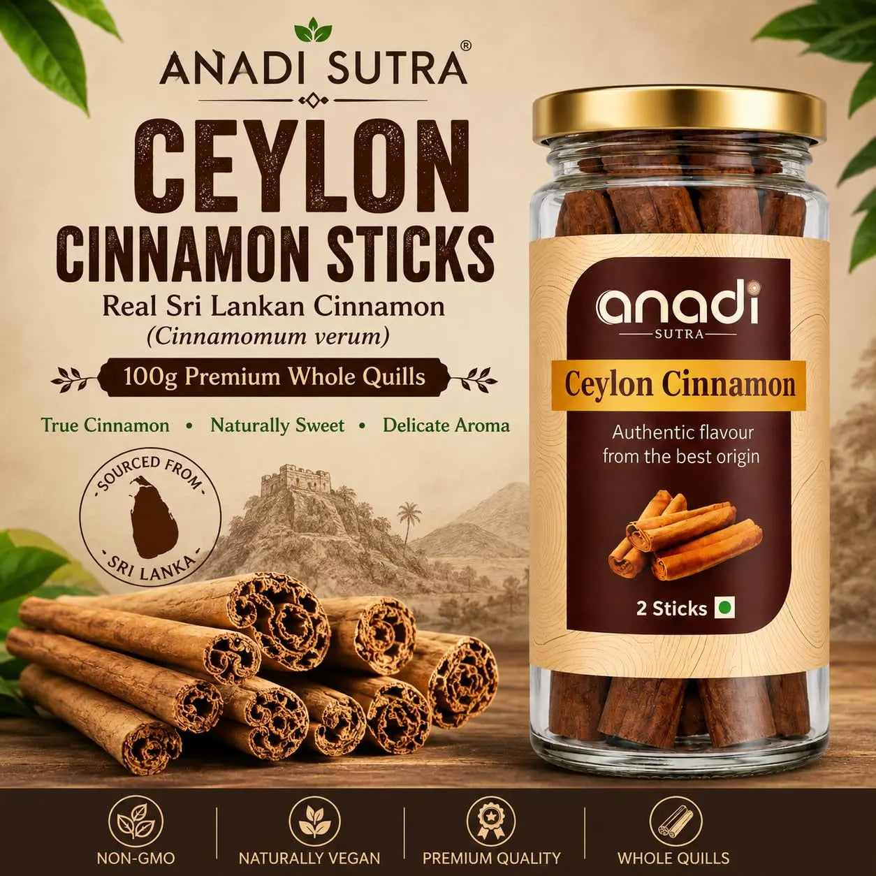 Cinnamon sticks jar with gold lid and label, plus loose cinnamon sticks