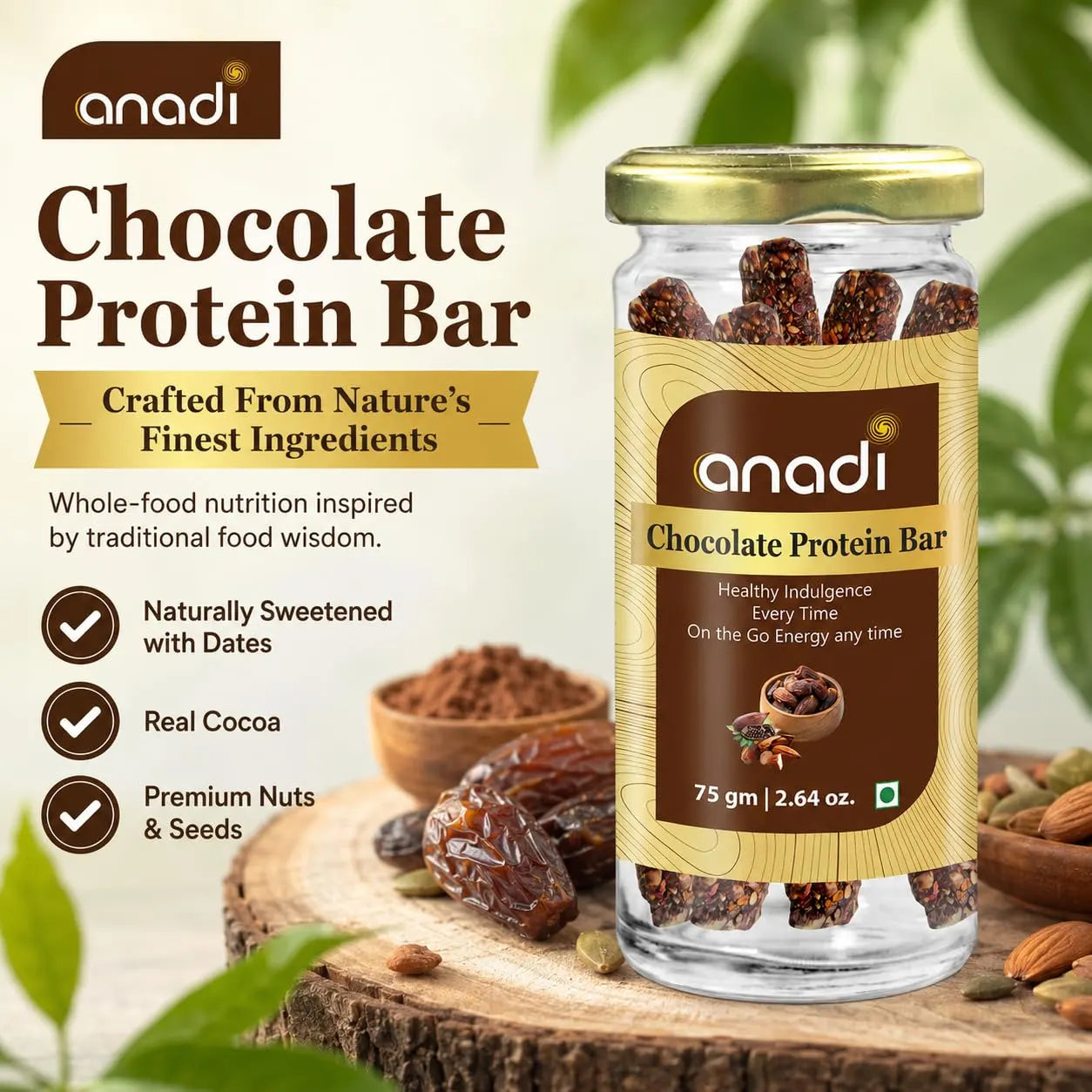 anadi Chocolate Protein Bar glass jar with gold lid, front label view