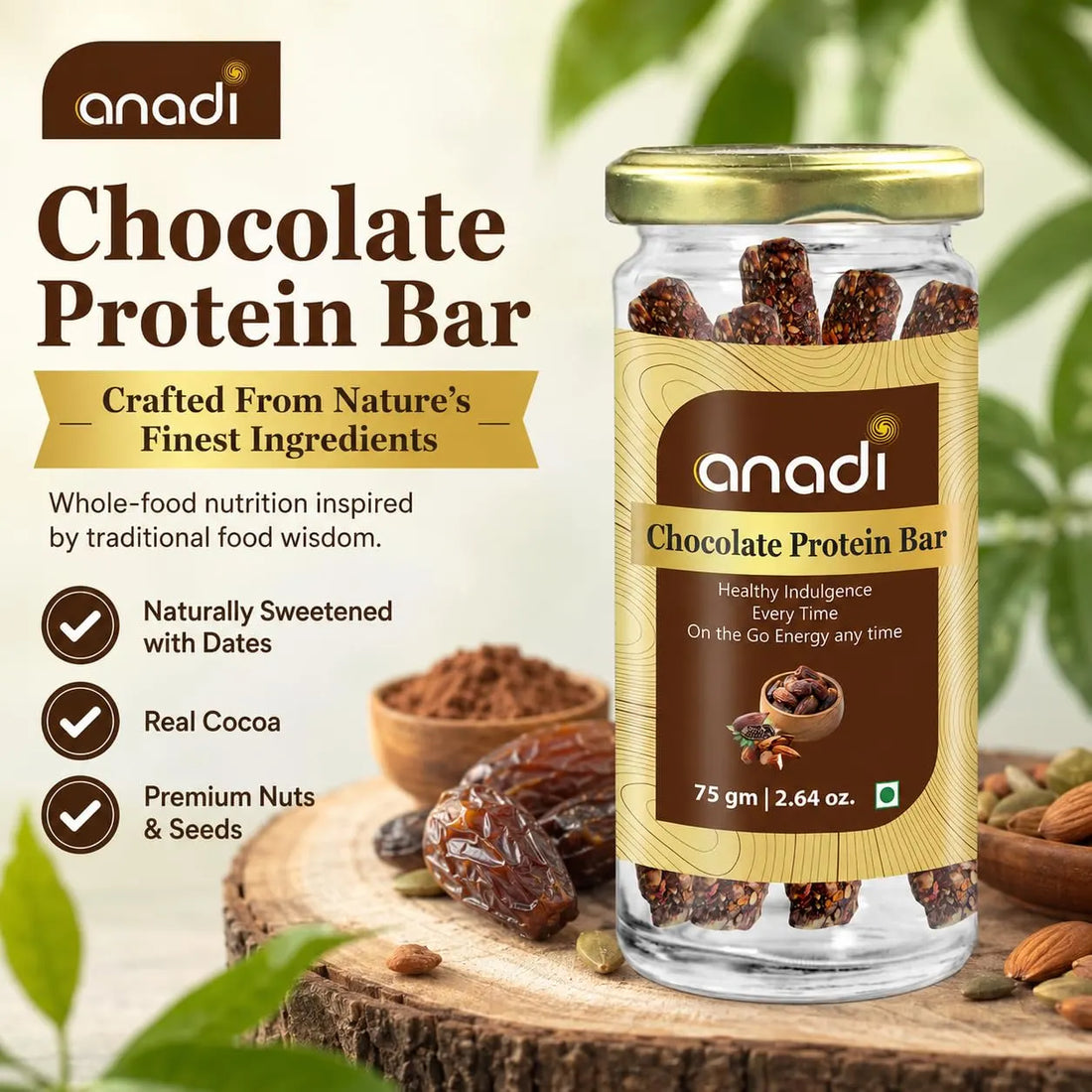 anadi Chocolate Protein Bar glass jar with gold lid, front label view