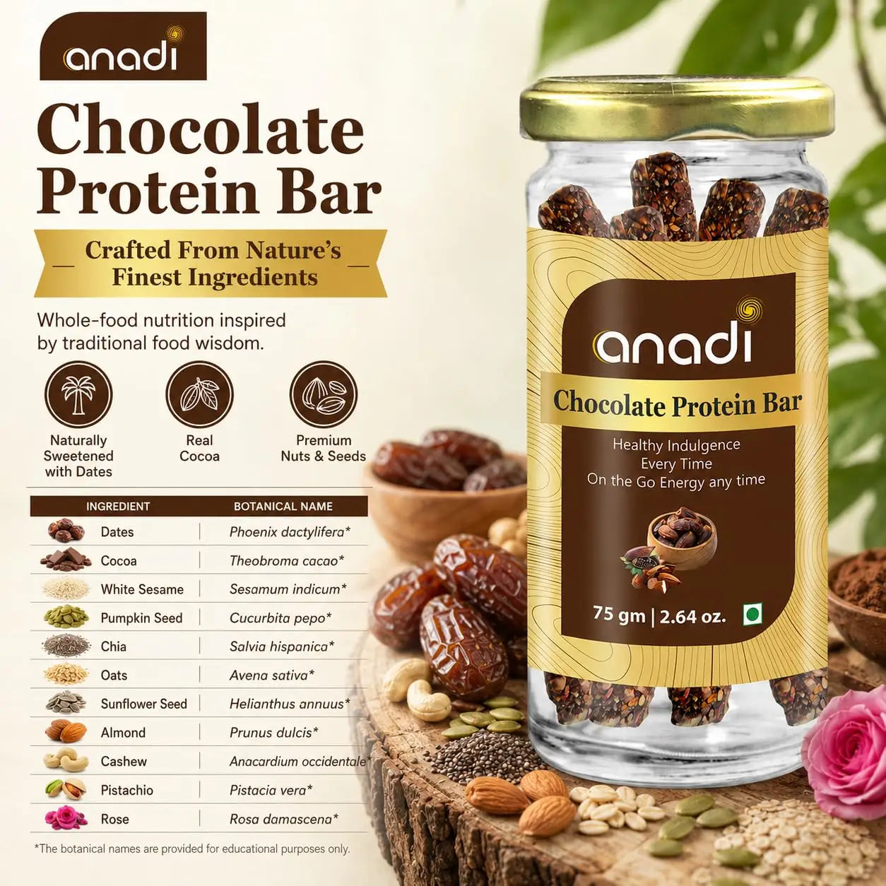 anadi Chocolate Protein Bar glass jar with gold lid, label with ingredient list