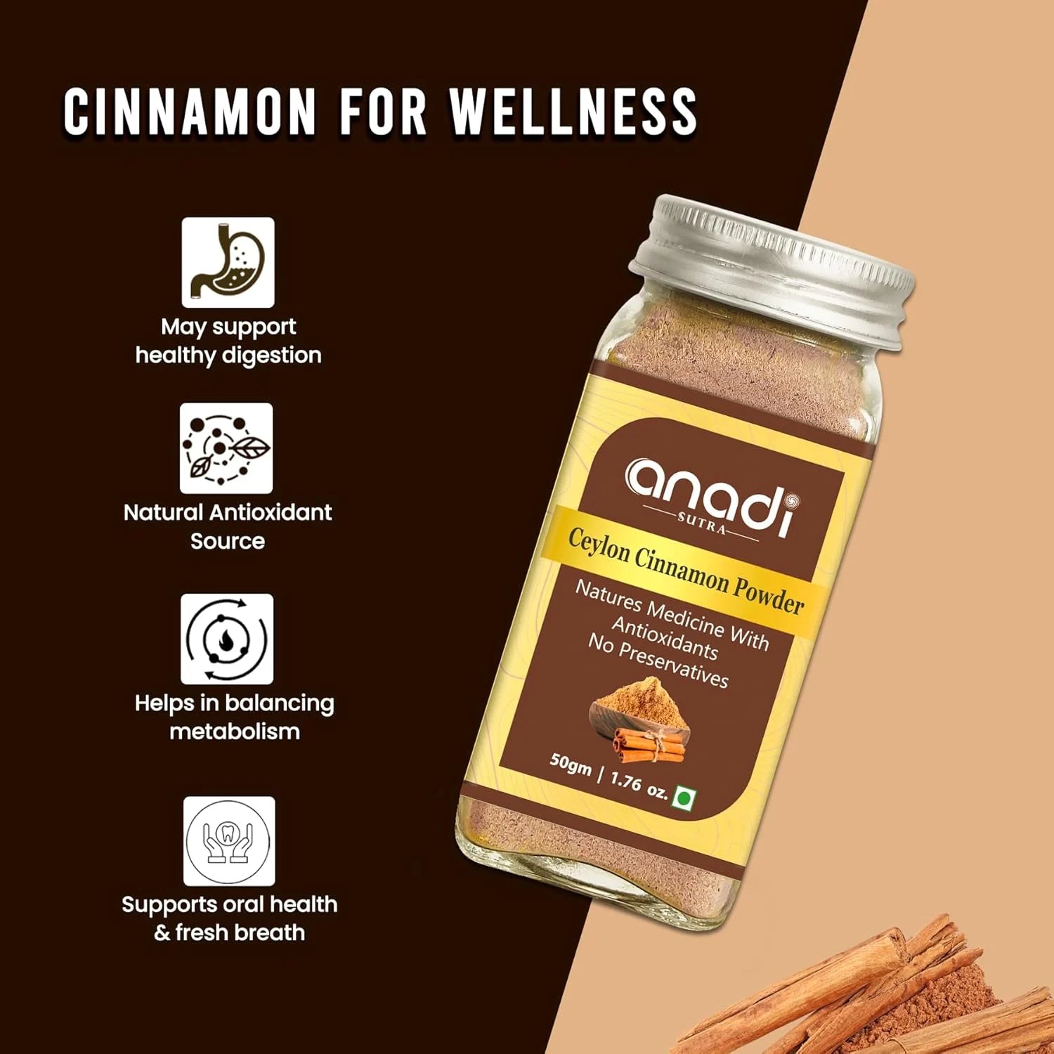 Ceylon cinnamon powder 50 g jar with cinnamon sticks beside it