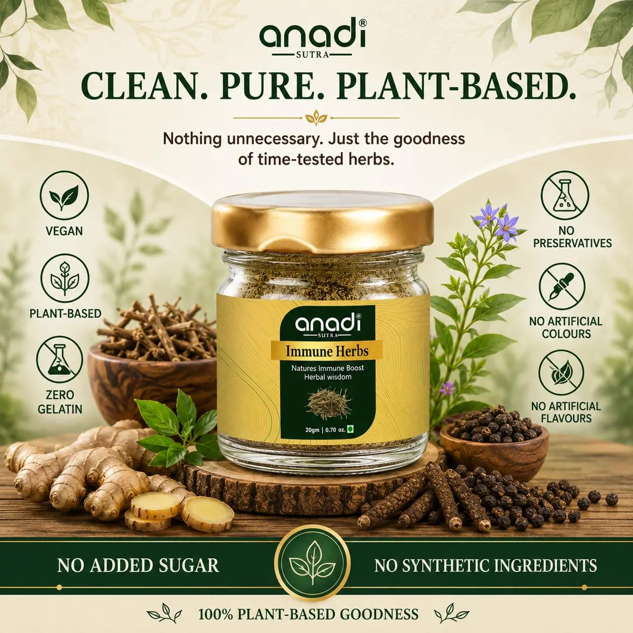 Immune herb jar by anadi with gold lid with herbs, roots, and peppercorns