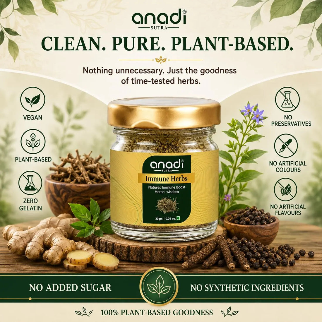 Immune herb jar by anadi with gold lid with herbs, roots, and peppercorns