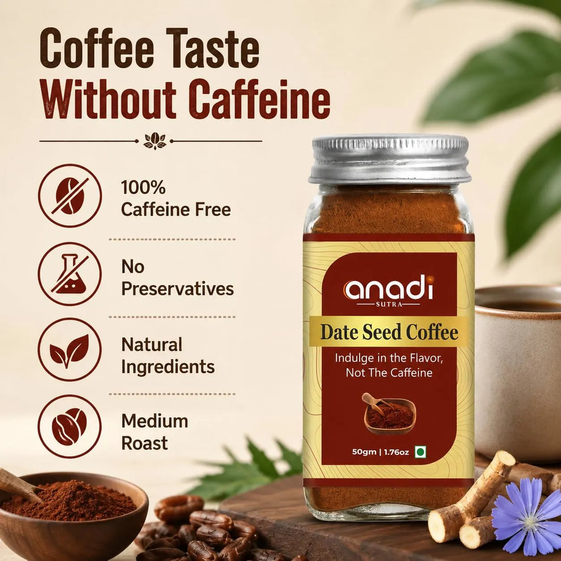 anadi date seed coffee jar with silver lid beside cup, coffee taste without caffeine theme