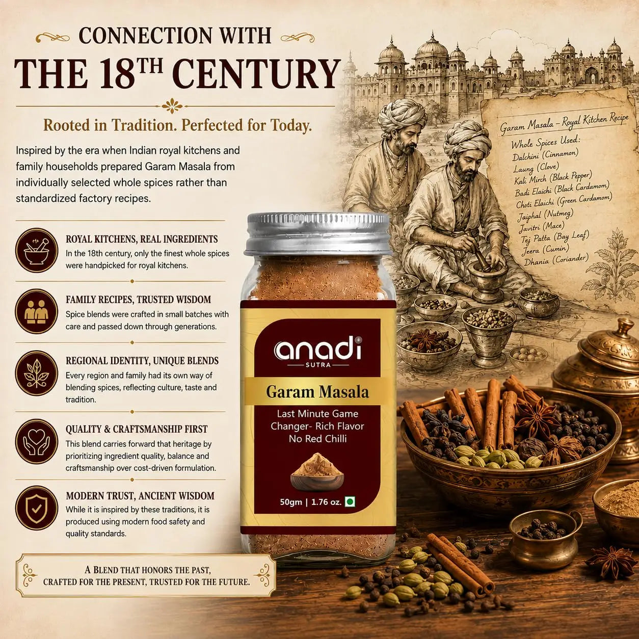 Garam masala jar with heritage infographic about tradition, ingredients, and quality