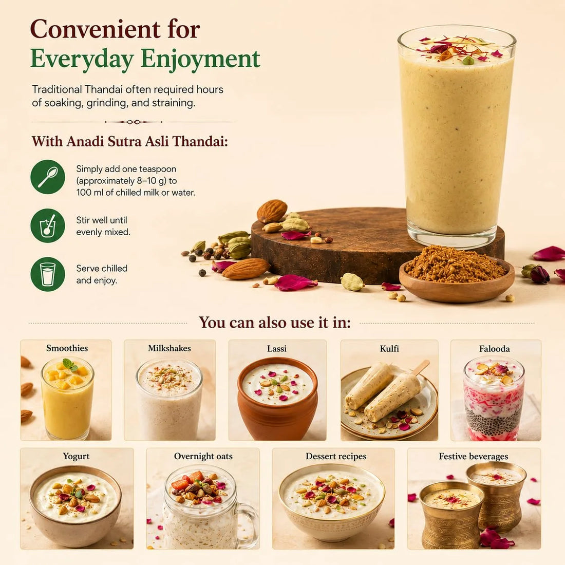 Glass of beige thandai drink with a bowl of thandai powder for serving