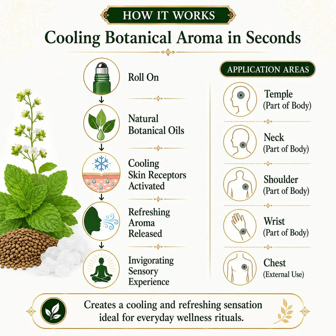 Vedic Amrit Drops roll-on botanical wellness shown with cooling application diagram