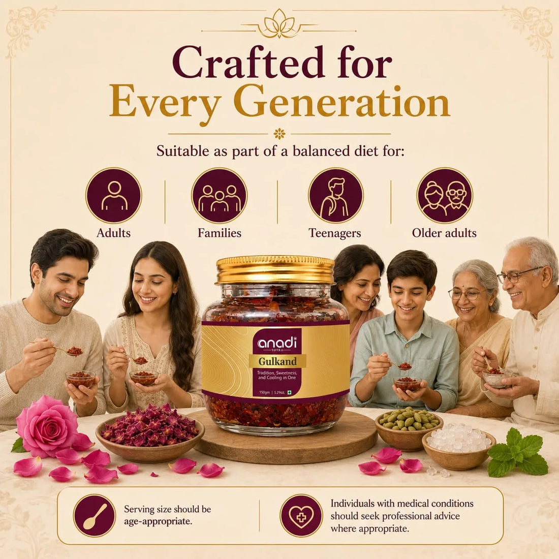 Gulkand jar with gold lid on 'Crafted for Every Generation' banner