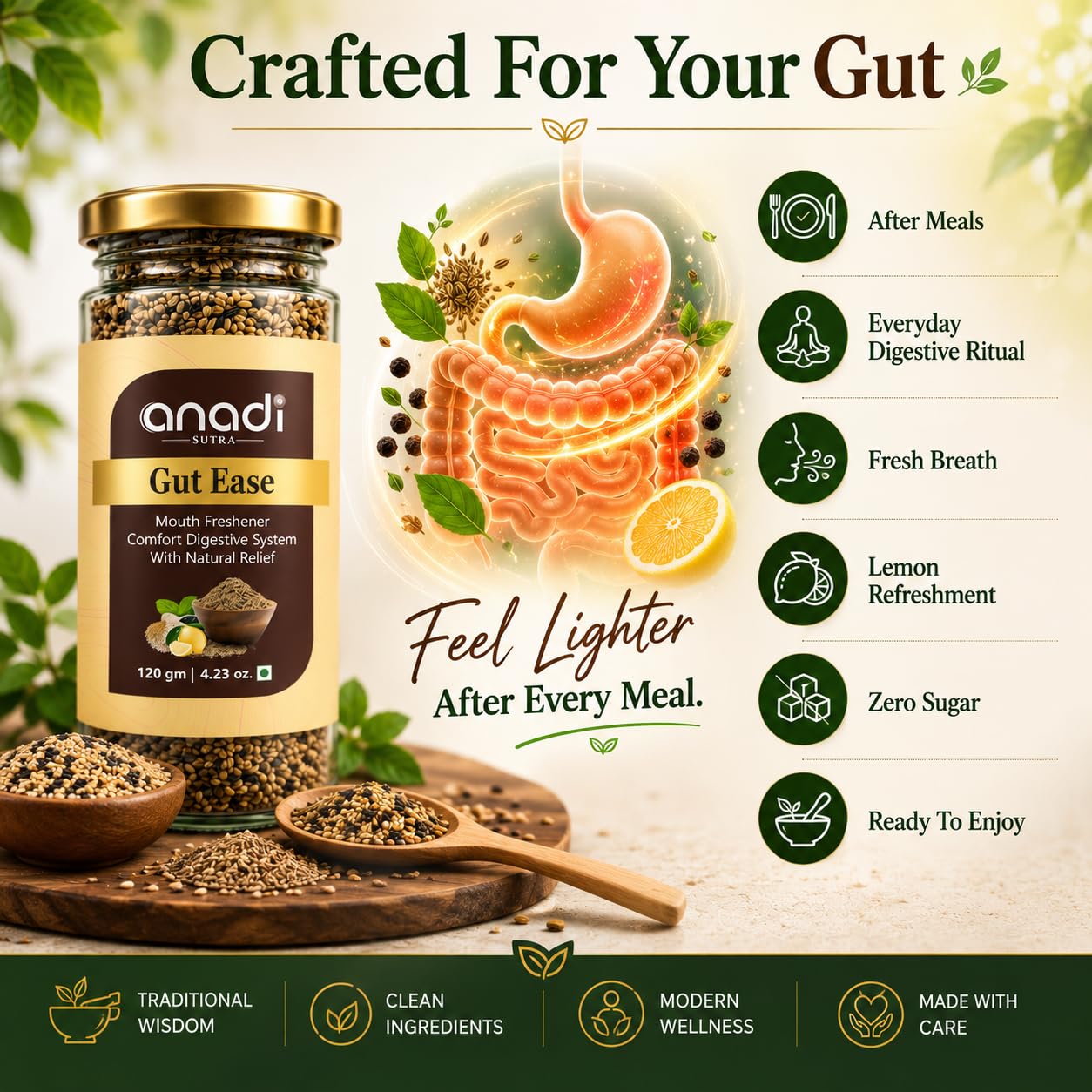 anadi Gut Ease jar for after-meal digestive ritual with granules and lemon wedges