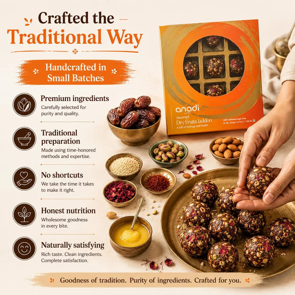 Dry fruits ladoo box with handcrafted batch theme and ladoo balls on plate