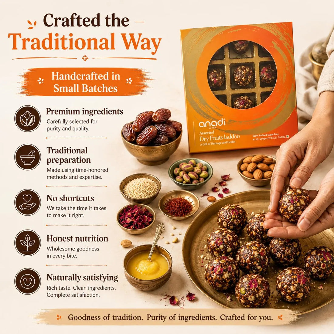 Dry fruits ladoo box with handcrafted batch theme and ladoo balls on plate