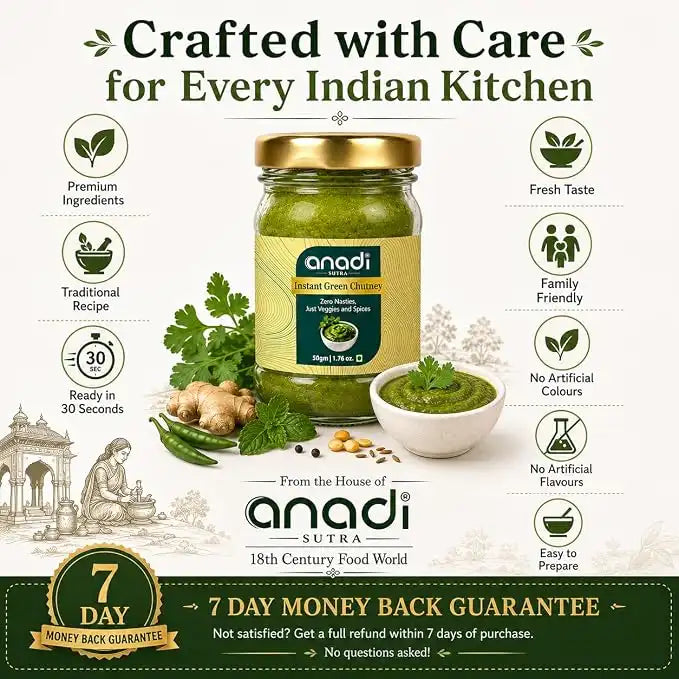Jar of instant green chutney with a small bowl and herbs and spices nearby